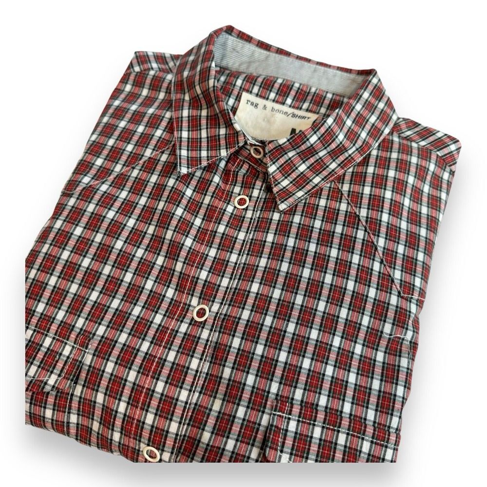 rag & bone men's l/s western style snap‎ front & cuffs plaid shirt, red size M